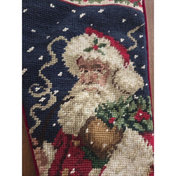Vintage Wool Needlepoint Christmas Stocking Old World Santa And Holly St Nick - Picture 3 of 7
